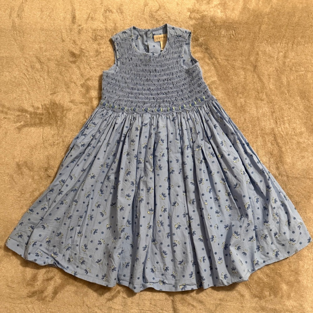 Copper Key Girls Blue Smocked Floral Cotton Dress Size 4 Sleeveless Party Sash